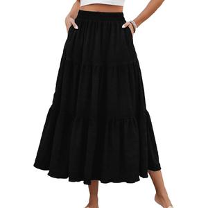 HUSKARY Women's Summer Casual Elegant Smock Layered Tiered Maxi Skirt High Waisted A Line Flowy Long Skirts with Pockets, Small