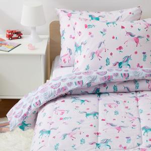 Amazon Basics Kids' 3 Piece Lightweight Cotton Shell Reversible Comforter Set with Sham, USCTP Certified Cotton Shell, Full/Queen, Unicorns and Rainbows