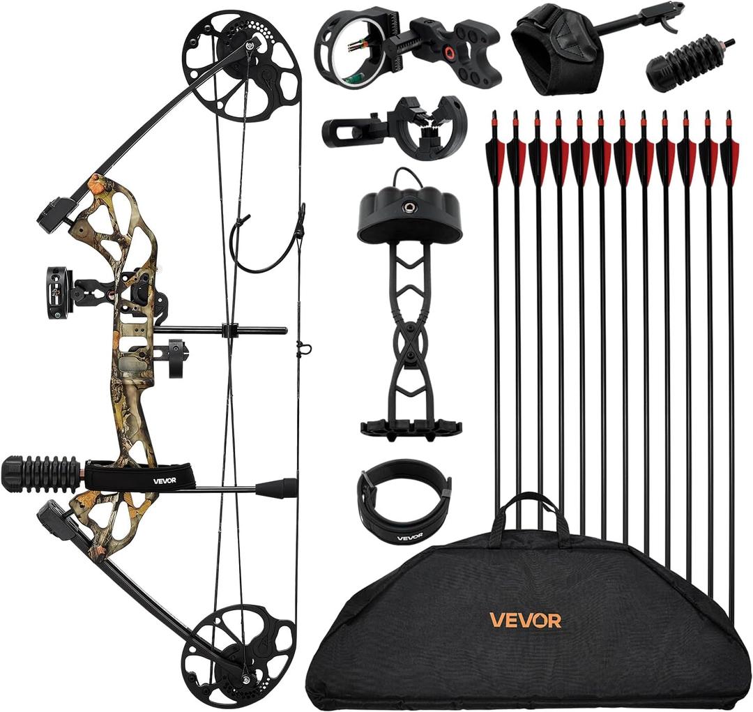 VEVOR Compound Bow Archery, Adjustable 19-30 in Draw Length Compound Bow Package for Beginner, 19-70 Lbs Draw Weight Archery Bows and Arrow Set, Right Hand Kit with Hunting Equipment, 320 fps (Classic camouflage)