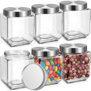 LemonRoad 6 Pack 34 oz Glass Jars with Lids Wide Quart Mason Jars Square Kitchen Canisters Thickened Glass with Airtight Stainless Steel Lids for Pickling Jam Tea Coffee Sugar Food Storage