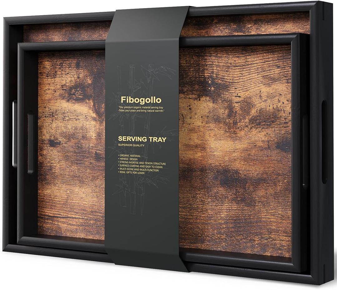 Fibogollo Set of 2 Wooden Serving Tray with Handles,Decorative Trays Platter,Breakfast Tray in Bed,Large Coffee Table TrayFood Drinks Trays for Eating,Working,Storing