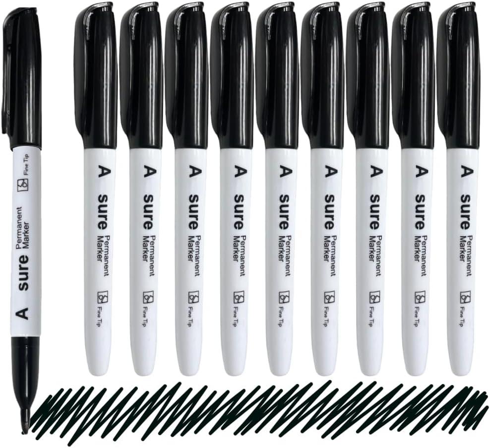 10 Pack Black Permanent Felt Waterproof Markers, Fine Point, Fade Resistant, Writes on Plastic, Metal, Glass, and Stone.