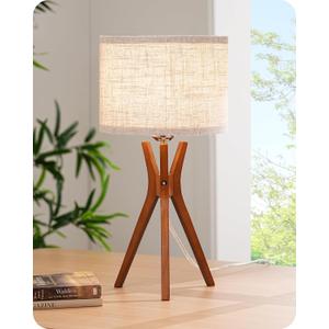 EDISHINE Mid Century Table Lamp, 17.5" Tripod Bedside Lamp with Deep Wood Color Light Base & Beige Linen Lampshade, Nightstand Lamp for Bedroom, Living Room, Reading Room, E26 Base White