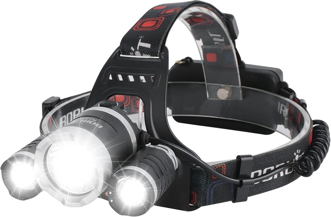 BORUIT RJ-3000 Headlamp Rechargeable, LED Head Lamp Super Bright - Outdoor Headlight 4 Modes, 4 Helmet Clips Waterproof Construction Hard Hat Head Light Adults Camping Hiking Hunting Gear (Black)