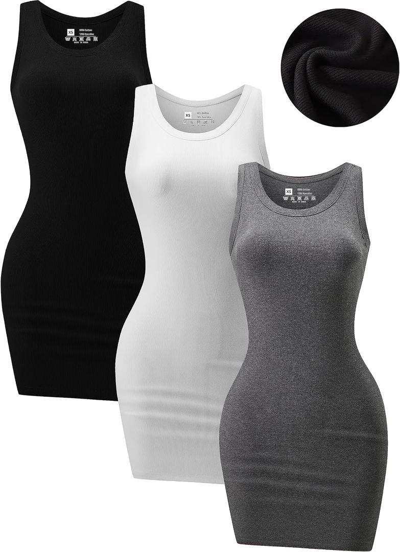 Chongbaijia 3 Pack Summer Dresses for Women 2026 Ribbed Crewneck Tank Top Dress Sleeveless Sundress Basic Bodycon Mini Dress (M)