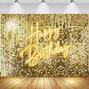 Sensfun Gold Birthday Backdrop 7x5ft Photography Happy Birthday Backdrop for Women Girls Shining Golden Shimmer Wall Neon Bday Background Party Decorations Banner Photo Booth Props Supplies