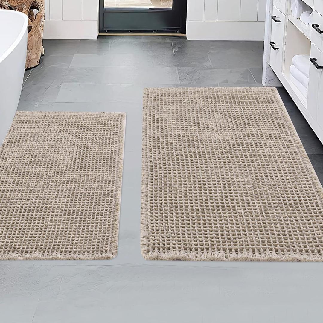 MABOZOO 2 Pieces Bathroom Rugs Set, Washable Waffle Bath Mats Super Absorbent Shower Mats, Quick Dry Boho Bath Mat Bath Rugs with Tassels for Bathroom Floor(24"X17"+30"X18", Brown)