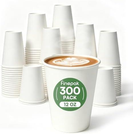 Finepak 12 oz Disposable Coffee Cups 300 Pack, BPA Free Leak Proof White Paper Coffee Cups 12 oz, 300GSM Thickened Unbleached Cups for Hot & Cold Drinks, Home Office Parties