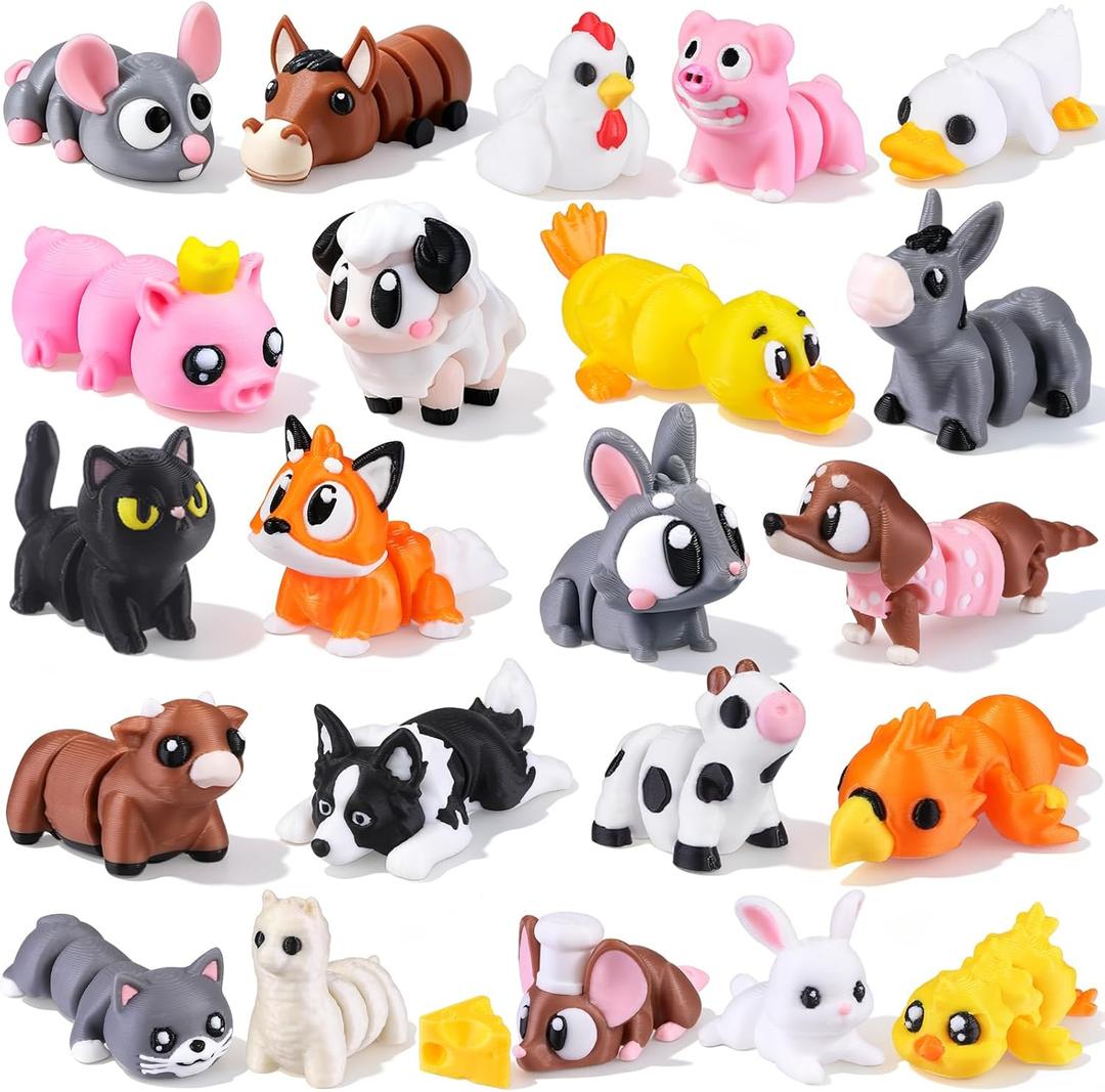 JOICEE 22 Pcs Mini 3D Printed Farm Animals Set, 3D Print Animal Figurines Articulated Flexible Fidget Toys Cute Desk Pets Decor for Kids Party Favors Birthday Gifts Office Home Decorations
