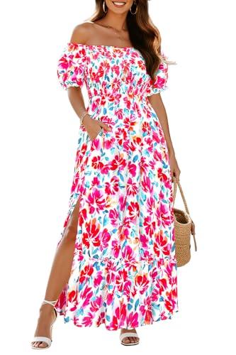 Women's Plus Size Summer Dress 2025 Maxi Off Shoulder Casual Floral Red Boho Smocked Long Flowy Dresses with Pockets, Size 16W
