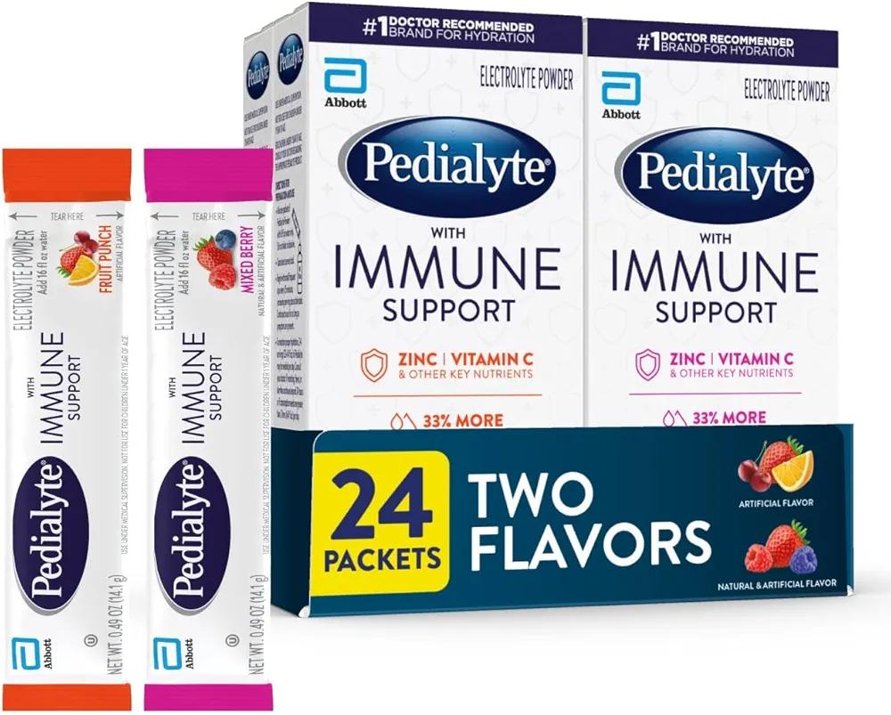 Pedialyte with Immune Support, Electrolyte Drink Powder with Vitamin C and Zinc, Advanced Hydration, Variety Pack: Fruit Punch and Mixed Berry, 24 Powder Packets, EXP - MAY 1 2026