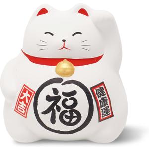 Banko Ware Maneki-Neko Ceramic Piggy Bank - Lucky Cat, Cute and Chubby Traditional Japanese Money Box (White)