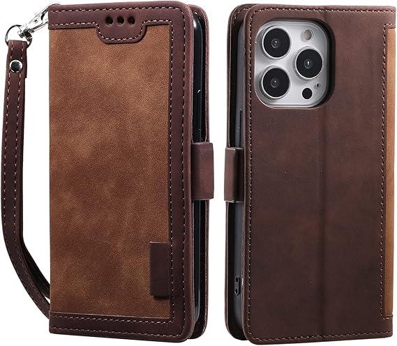 Wallet Case for iPhone 14/14 Pro/14 Plus/14 Pro Max, PU Leather Magnetic Flip Case with Card Slot Kickstand and Wrist Strap Shockproof TPU Inner Shell, Brown, 14pro 6.1"