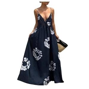 SOLY HUX Women's Boho Floral Print Backless Maxi Dress Tie Front Deep V Neck Sleeveless A Line Flowy Dresses Dark Blue Print Small