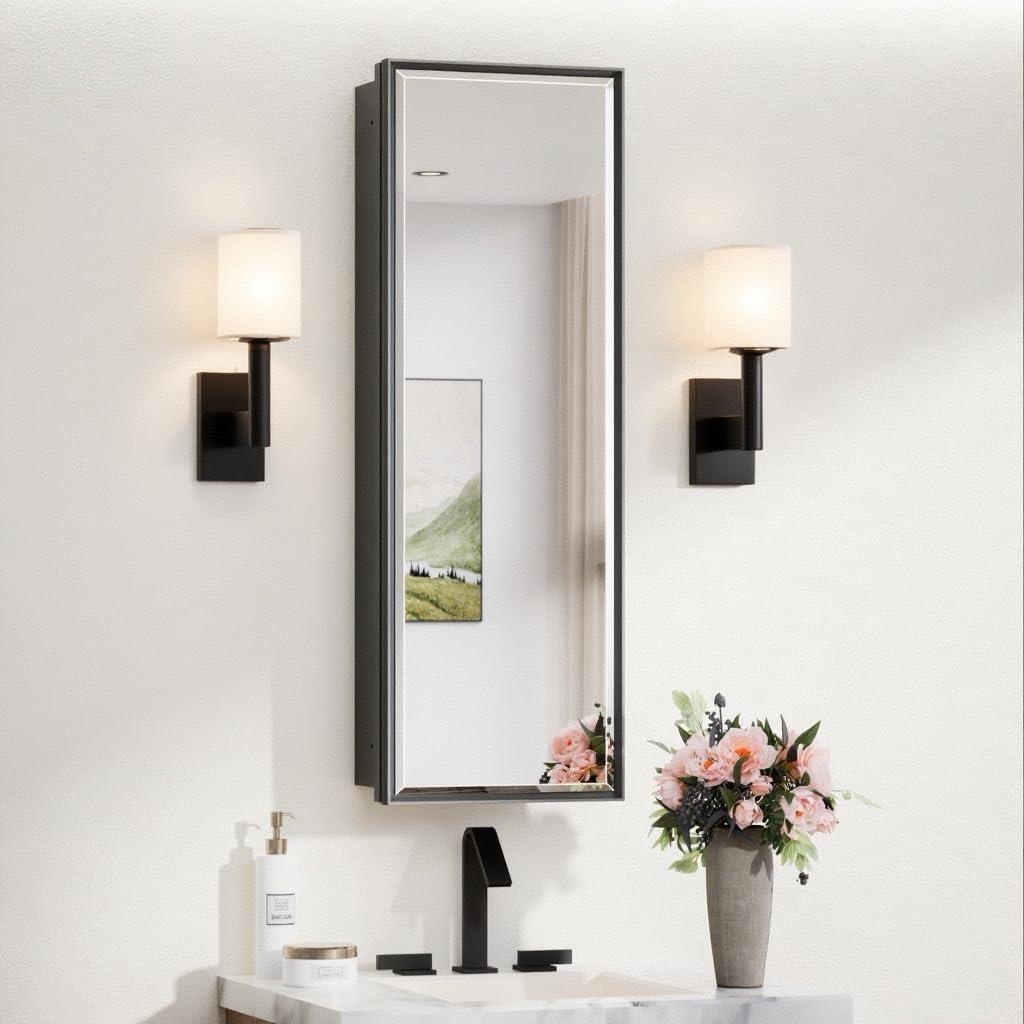 TokeShimi 12x36 Recessed Medicine Cabinet with Mirror Surface Mount, Aluminum Framed Metal Black Medicine Cabinet Mirrored, Bathroom Beveled Mirror with Storage Adjustable