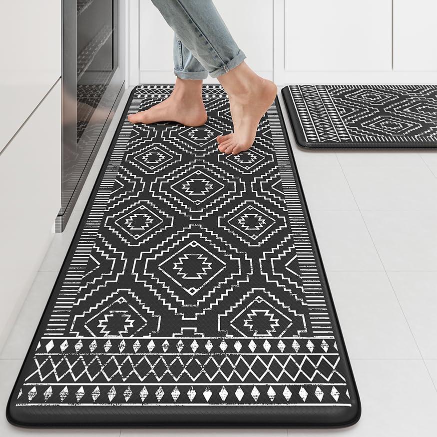 KIMODE Anti Fatigue Kitchen Mat,Black Boho Kitchen Rugs Non Slip Sets of 2,Kitchen mats for Floor Cushioned,Morocco Geometric Memory Foam Cushioned Standing Mats for Sink,Laundry,Office (17.3" x 47 "+ 17.3" x 29 "--0.47 inches)