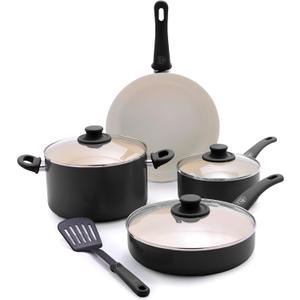 GreenLife Soft Grip 8 Piece Cookware Set, Non-Toxic PFAS-Free Ceramic Nonstick, Frying, Sauce, Saut, Utensils, Glass Lids, Stay-Cool Handles, Wobble Free, Dishwasher & Oven Safe, Black (8 Piece Cookware Set, Black)