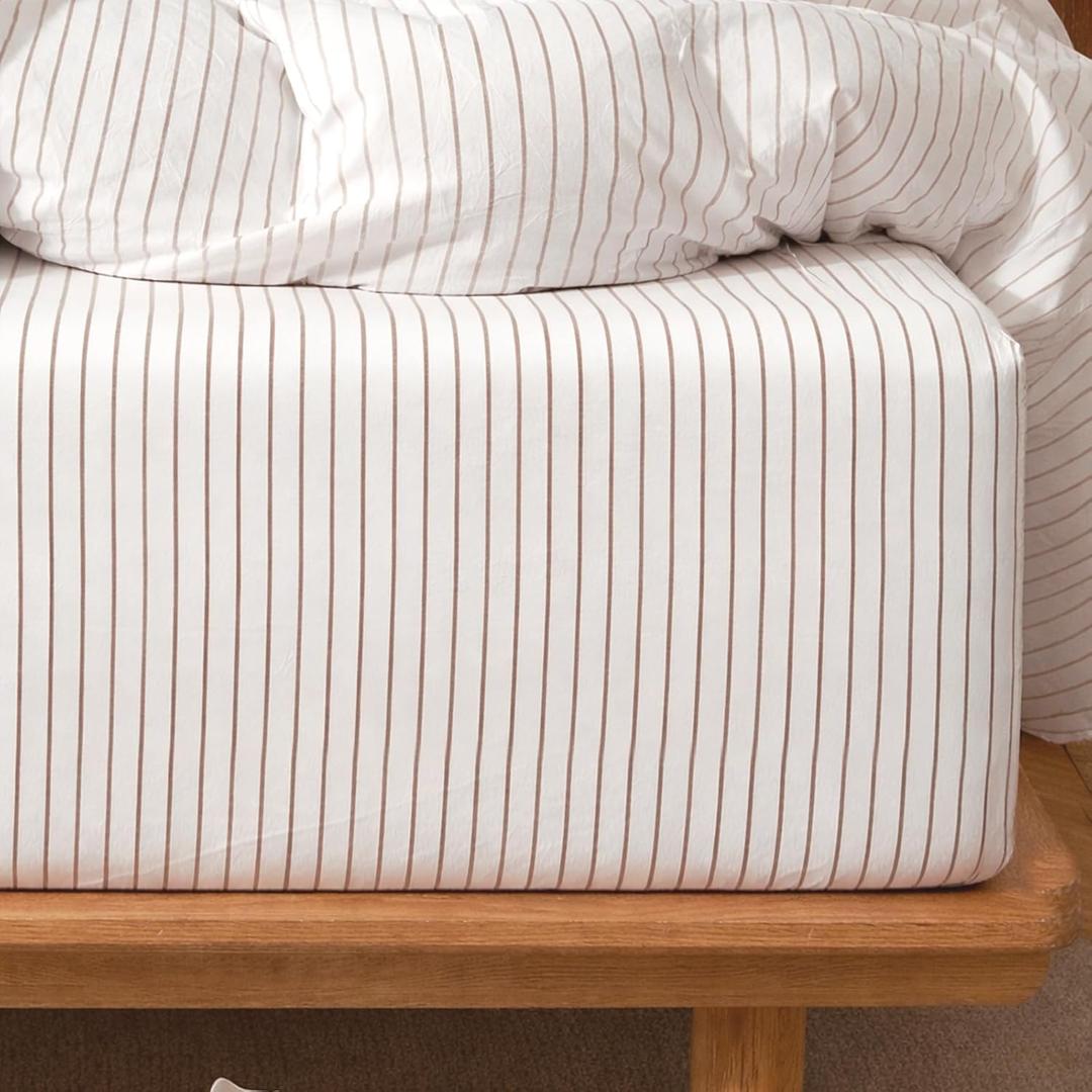 MooMee Striped Fitted Bottom Sheet Only 100% Washed Cotton Linen Like Textured Breathable Durable Soft Comfy Deep Pocket Fits Mattress up to 17" (White Orange Wide Stripes, Queen)