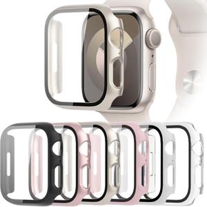 6-Pack Case Compatible with Apple Watch Series 9 8 7 41mm with Tempered Glass Screen Protector, QCKANLJ Ultra-Thin Hard PC Full Protective Face Cover Bumper for iWatch 41mm (Black/Transparent/Pink/White/Starlight/Rose Gold)
