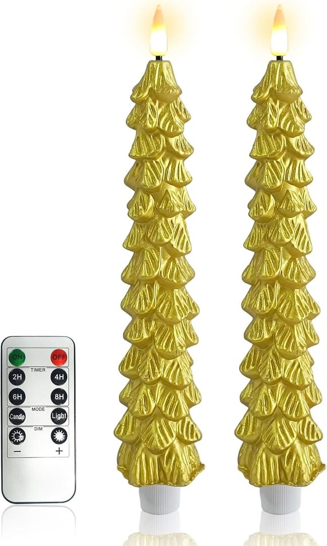 Tree Flameless Candles Set of 2  Gold 10 Inch Electric LED Candles with 10 Key Remote, Battery Operated Candle, Real Wax Coating for Wedding Dinner Home Decor