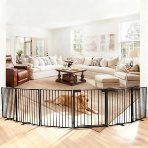 156" Extra Wide Dog Gate, Heavy Duty Metal Freestanding Dog Gate with Door for Indoor & Outdoor, Foldable Pet Fence for Doorways,House,Porch,Deck,Yard,Stairs, Auto Close(6 Panels,Black)