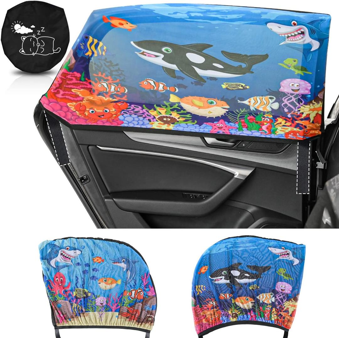 MOVINPE Car Window Shade for Baby, 2-Pack Breathable Mesh Rear Window Screens, Universal Stretchable Sun Shades, Heat and UV Block, Privacy Shield for Toddler Kids Babies (Undersea)