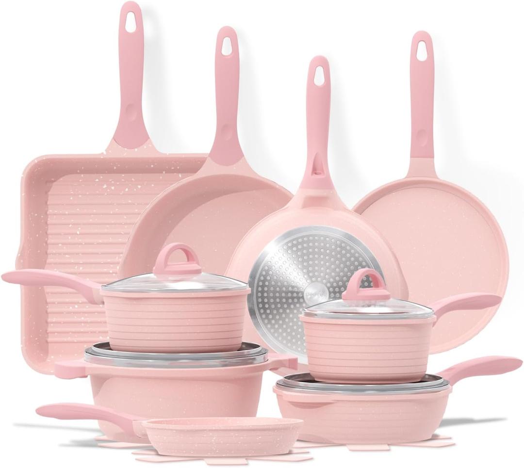 JEETEE Pink Pots and Pans Set Nonstick 23pcs, Healthy Kitchen Cookware Sets, Induction Cooking Set Pink Granite Stone Frying Pans, Saucepans, Saut Pan, Griddle Pan & Crepe Pan (PFOA Free)