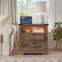 Vabches Nightstand with Charging Station, Vintage End Table with 2 Drawers, Wood Rustic Sofa Side Table with Open Storage Shelf for Bedroom, Living Room (Brown)