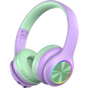 Kids Bluetooth 6.0 Headphones with LED Light, 85Hours Playtimes, Type-C Fast Charging, 85/94dB Volume Limited, Comfort Headphones with Built-in Mic, Wired & TF Card Mode,Green and Purple