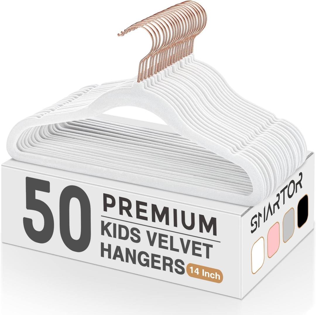 Smartor Kids Velvet Hangers 50 Pack, 14'' Inch Premium Non Slip Kids Felt Hangers for Closet, Space Saving Toddler Clothes Hanger for Youth's Childrens' Clothes (Rose Gold Hook)- White