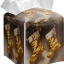 Grace Yonks Christmas Tissue Box Cover Square, Golden Stockings Hanging Design Cube Case for Facial Tissues, 5.2" PU Leather. (098)