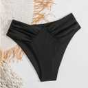 SHENHE Women's V Cut High Leg Ruched Mid Rise Bikini Bottom Swimwear Bathing Suit (Black, S)