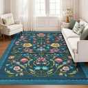 GarveeHome Washable Rug 8x10 Area Rugs for Living Room, Floral Rug for Bedroom, Soft Vintage Non Slip Throw Rugs with Rubber Back, Low Pile Stain Resistant Boho Floral Carpet for Dining Room, Blue