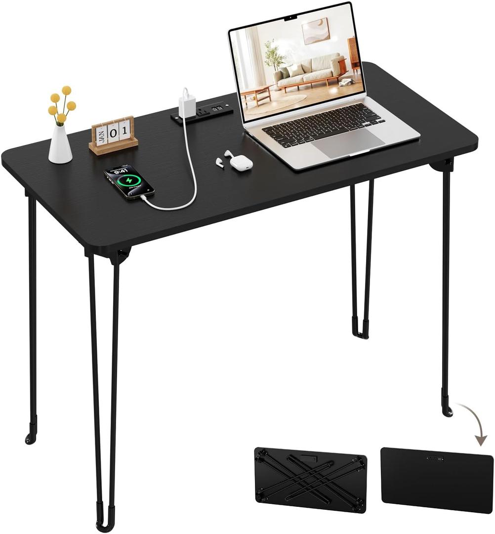 Folding Desk, 31.5" Hairpin Legs Small Desk with Power Strip for Bedroom, Space Saving Foldable Computer Desk for Home Office, No Assembly Need, Black