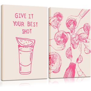 Pink Bar Cart Wall Art Trendy Retro Cocktail Cheers Canvas Wall Decor Give It Your Best Shot Pictures Preppy Pink Poster Print Alcoholic Beverage Print Painting Artwork Apartment Kitchen 12x16 Inch (Pink clinking glasses)