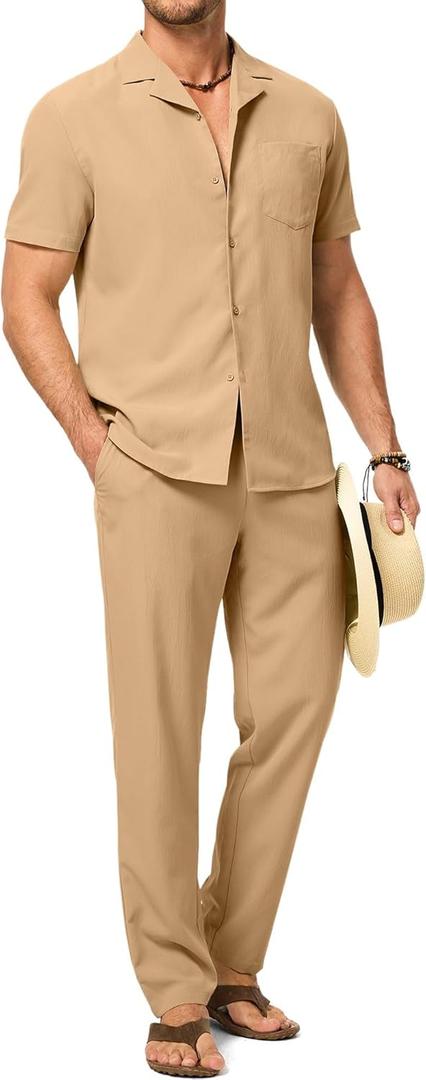 Men's Beach Outfit 2 Piece Casual Button Down Shirt Short Sleeve Loose Shirts and Pants Vacation Sets for Men (X-Large, Khaki)