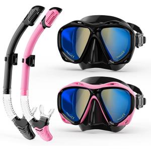 Snorkeling Gear for Adults, Snorkel Mask With Mirrored Tempered Glass Lens 180 Wide View Anti-Fog Scuba Diving Mask, Professional Snorkel Set for Swimming Diving, Gifts for Women Mom Men Dad