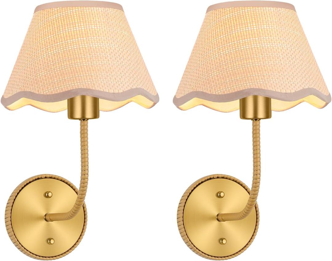 Boho Wall Sconces Set of Two Rattan Wall Lamp Rustic Brass Wall Mount Light Hardwire Wall Sconces Lighting for Bedroom Living Room Hallway Vanity Stairway, E26 Base, 2 Pack
