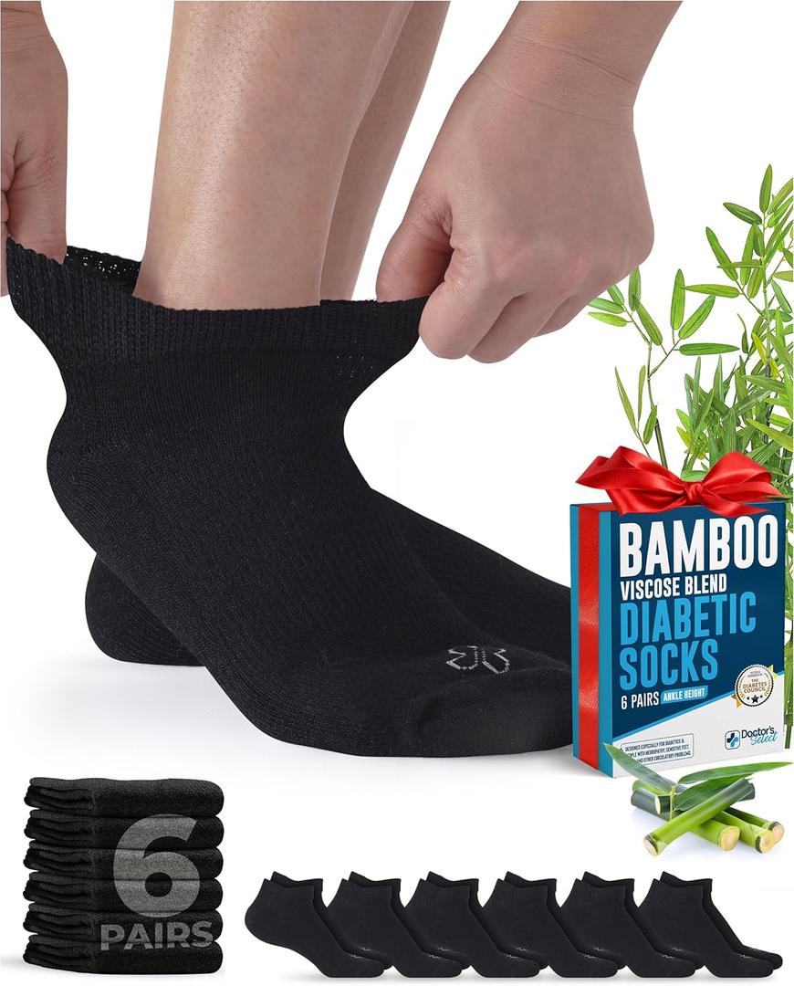 Doctor's Select Viscose Bamboo Ankle Diabetic Socks for Women and Men - 6 Pairs | Super Soft, Non Binding, Loose Wide Top (Large)