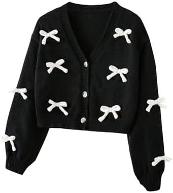 SHENHE Girl's Bow Button Down Knitted Cardigan V Neck Loose Cute Crop Sweater Outwear 12Y