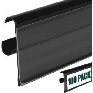 Fulmoon 100 Pcs 27 x 1.26 Inch Wire Shelf Label Holder Strip Price Tag Black Back Plastic Label Holder with Clear PVC Cover Black Back for Refrigeration Cases Cooler Shelf