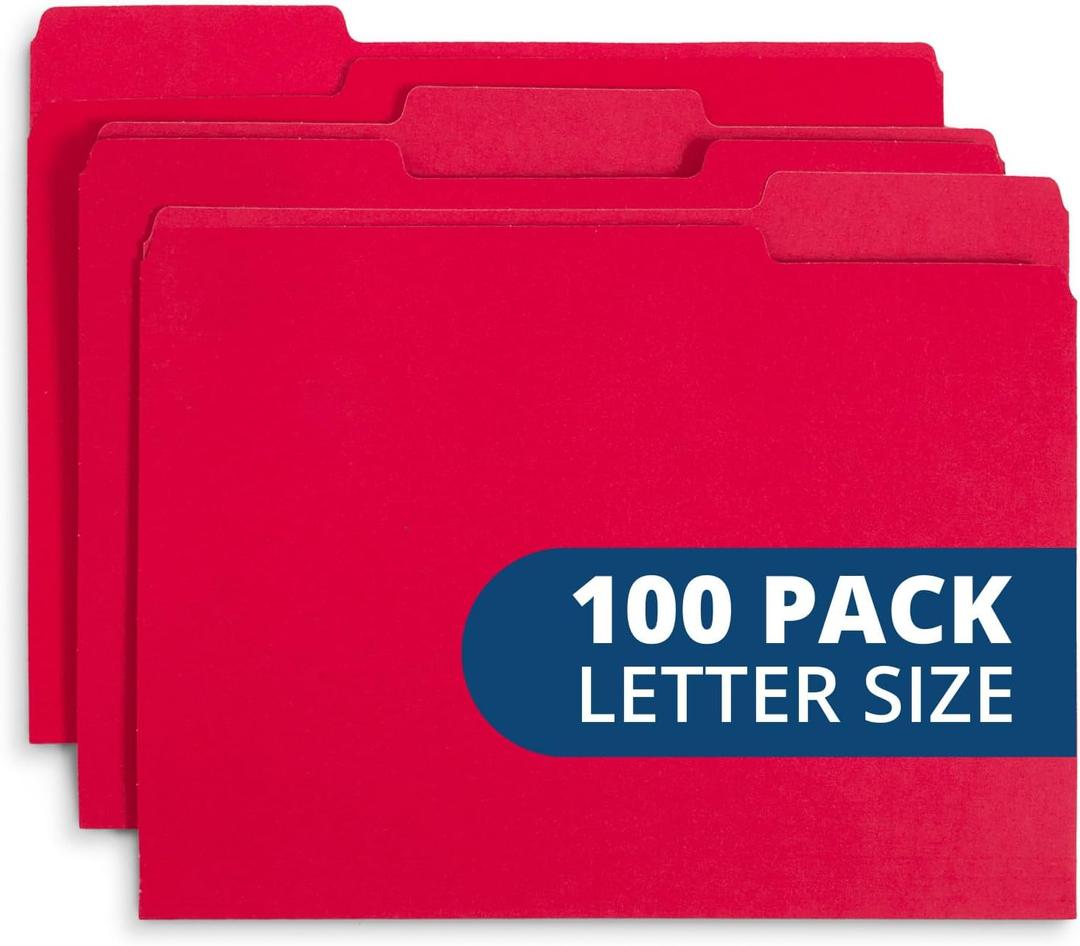 File Folder, 1/3 Cut Tab, Letter Size, Red, Great for Organizing and Easy File Storage, 100 Per Box