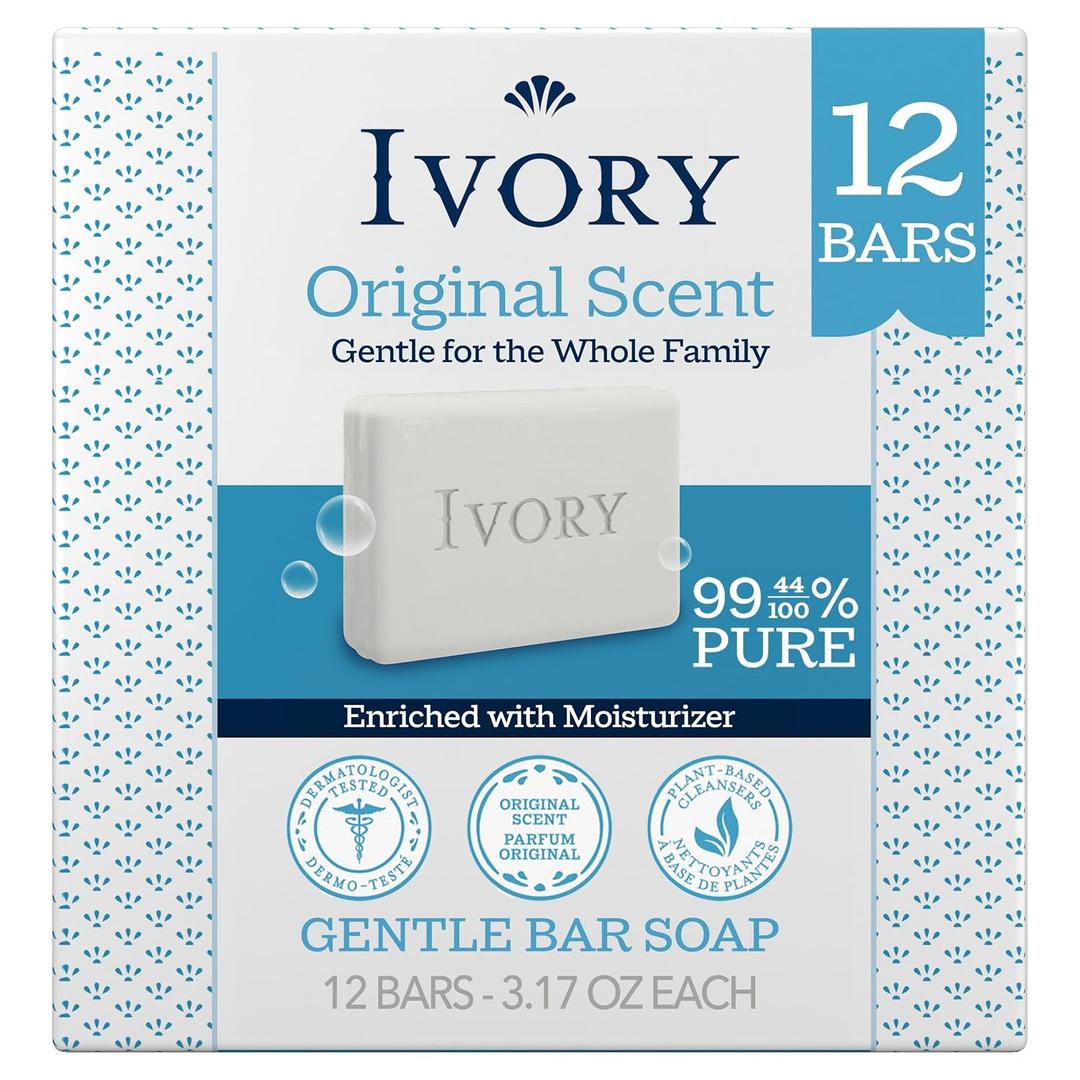Ivory Gentle Bar Soap, Designed for Whole Family, 99.44% Pure Formula, Plant-Based Cleanser, Made Without Heavy Perfumes, Parabens & Phthalates, for All Skin Types, Original Scent, 3.17 oz (12 Count)