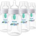 Philips Avent Anti-Colic Baby Bottle with AirFree Vent, 9oz, with Flow 2 Nipples, 1m+, 4pk, Clear, SCY703/04
