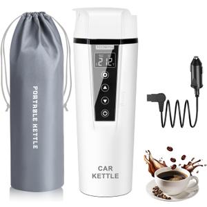 Car Electric Kettle: 12V/24V Portable Water Boiler Heated Travel Mug,Multiple Temperature Adjustable Coffee Tea Truck Cup with 304 Stainless Steel Dry Burn Protection & Handy Cup Bag (White)