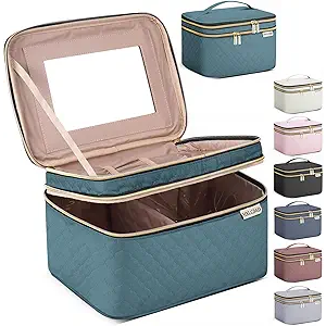 Large Makeup Bag with Mirror Double Layer Travel Make Up Organizer Case, Large Capacity Coemetic with Brush Slot Divider, Travel Toiletry Bag for Women (Lake Blue)
