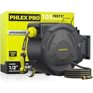 PHLEX PRO Retractable Garden Hose Reel 105FT, 1/2 inch Wall Mounted Hose Reel with Full Brass Fittings, 10 Patterns Spray Nozzle, Any Length Lock, 180° Automatic Rewind