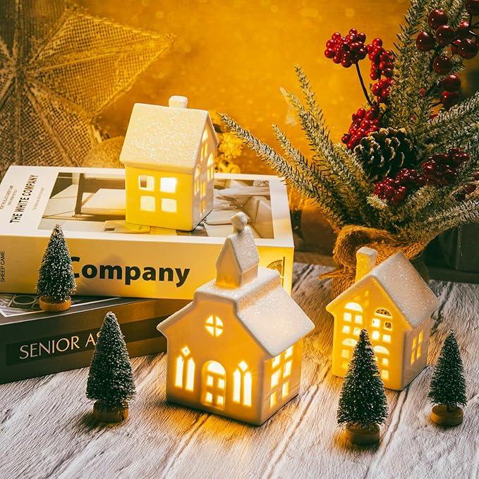 3 Lighted Ceramic White Christmas Village Houses with Remote & 1 Tree, Porcelain Miniature Christmas Figurines Decorations for Home Tabletop Mantel Shelf Decor