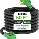 RVGUARD 50 Amp 50 Foot RV/EV Extension Cord, NEMA 14-50P/R Heavy Duty Extension Cord with LED Power Indicator and Cord Organizer, Green, ETL Listed