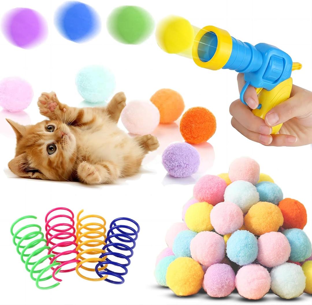 Low Noise Interactive Cat Ball Launcher, 1 Noise-Reduced Launcher (New Upgraded), 20 Pcs Colorful Silent Plush Pom Pom Balls (1.2 inches), with 4 Pcs Cat Spring Toy